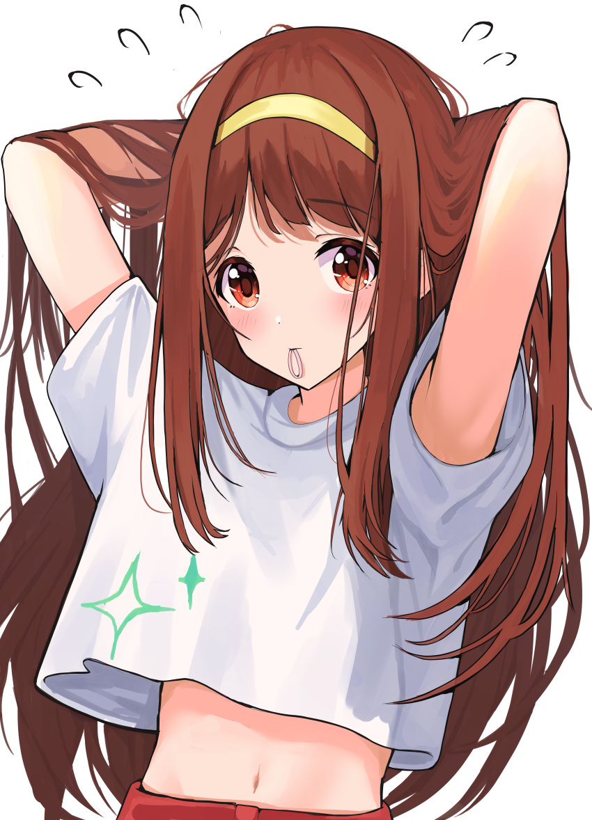1girl aaaaaasd6 absurdres adjusting_hair arms_behind_head blush eyebrows_visible_through_hair flying_sweatdrops hairband highres idolmaster idolmaster_million_live! looking_at_viewer mouth_hold navel red_eyes redhead rubber_band shirt simple_background solo tanaka_kotoha tying_hair upper_body white_background white_shirt yellow_hairband