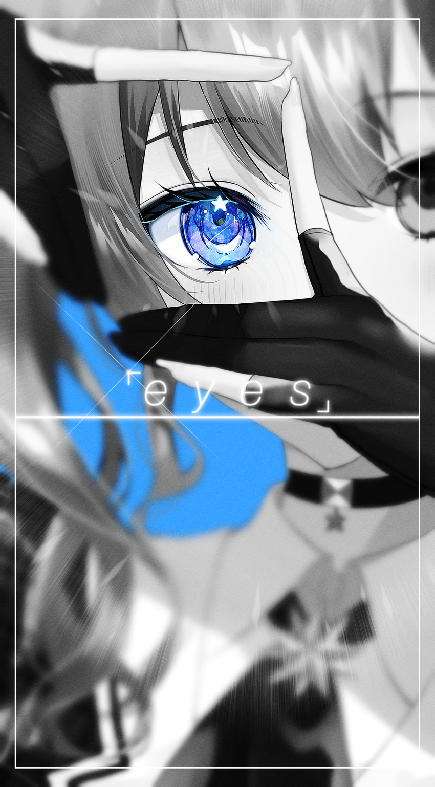 1girl absurdres ascot blue_background blurry blush choker collared_shirt commentary depth_of_field english_text eye_focus eyebrows_visible_through_hair eyelashes finger_frame gloves greyscale hair_between_eyes highres hololive hoshimachi_suisei looking_at_viewer medium_hair monochrome partially_fingerless_gloves portrait shirt side_ponytail simple_background solo spot_color star_(symbol) star_choker star_in_eye symbol_in_eye virtual_youtuber wing_collar yuuyu_(moco20111115)