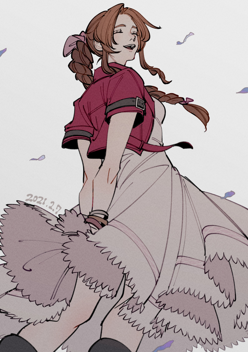 1girl absurdres aerith_gainsborough arms_behind_back bangs belt boots bracelet braid braided_ponytail breasts brown_hair closed_eyes cropped_jacket dress falling_petals final_fantasy final_fantasy_vii final_fantasy_vii_remake hair_ribbon highres jacket jewelry long_dress long_hair medium_breasts oimo_(oimkimn) open_mouth parted_bangs petals pink_dress red_jacket ribbon sidelocks smile solo teeth upper_body upper_teeth wavy_hair