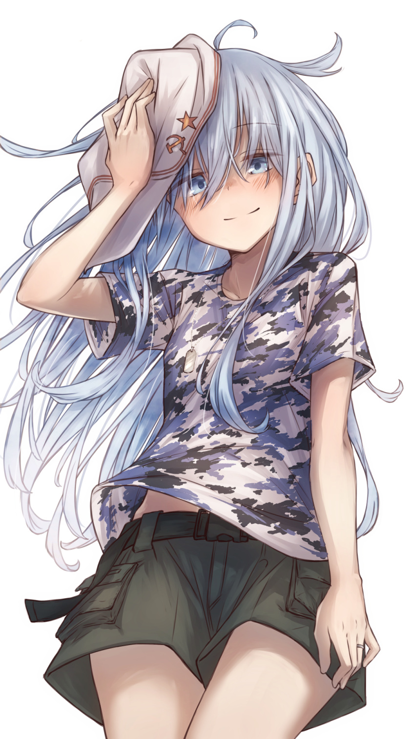 1girl alternate_costume black_shorts blue_eyes camouflage cowboy_shot flat_cap hammer_and_sickle hat hibiki_(kancolle) highres holding holding_clothes holding_hat kantai_collection kuuru_(kuuru-n) long_hair shirt shorts simple_background solo t-shirt verniy_(kancolle) white_background white_hair white_headwear