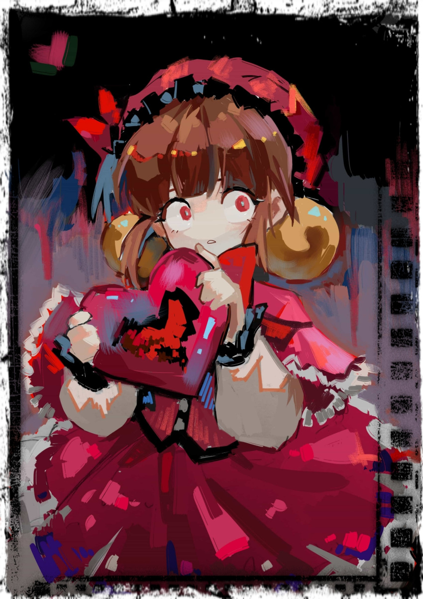 1girl bangs bell brown_hair capelet chinese_commentary frilled_hat frills hat hat_bell hat_ribbon heart highres holding holding_heart koririco laetitia_(lobotomy_corporation) lobotomy_corporation long_sleeves neck_ribbon no_nose project_moon red_capelet red_eyes red_headwear red_ribbon red_skirt red_vest ribbon shirt short_hair skirt solo vest white_shirt