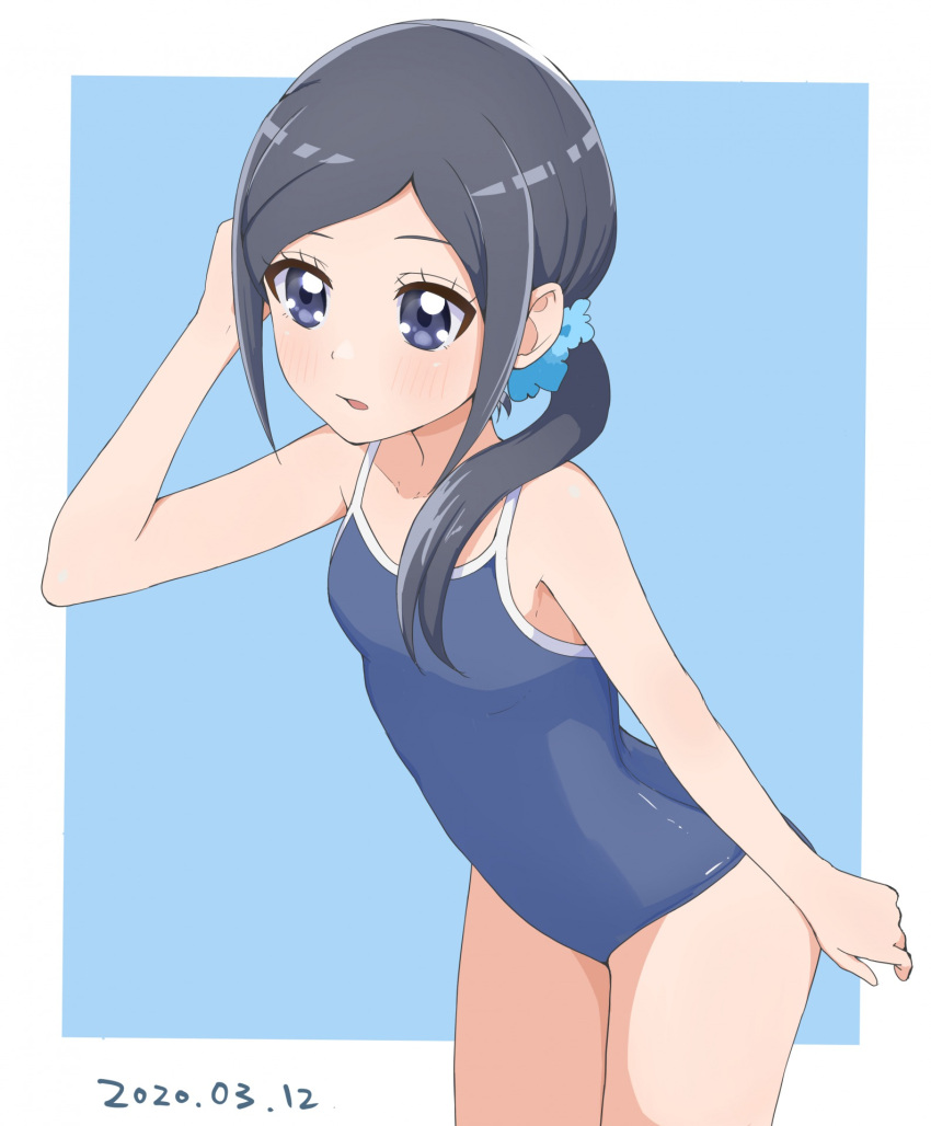 1girl aizawa_zawapo black_hair blue_background blue_swimsuit blush competition_school_swimsuit cowboy_shot dated healin'_good_precure highres long_hair looking_at_viewer one-piece_swimsuit open_mouth precure sawaizumi_chiyu school_swimsuit scrunchie side_ponytail smile solo swimsuit white_background