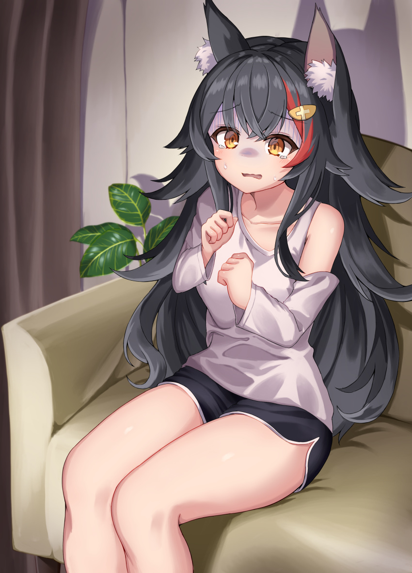 1girl absurdres animal_ear_fluff animal_ears asymmetrical_clothes asymmetrical_shirt black_hair black_shorts clothing_cutout couch flipped_hair gloom_(expression) hair_ornament hairclip highres hololive indoors kajitsu_no_hito living_room long_hair long_sleeves multicolored_hair on_couch ookami_mio redhead scared shirt short_shorts shorts shoulder_cutout sidelocks sitting solo spiky_hair streaked_hair tearing_up very_long_hair virtual_youtuber white_shirt wolf_ears wolf_girl