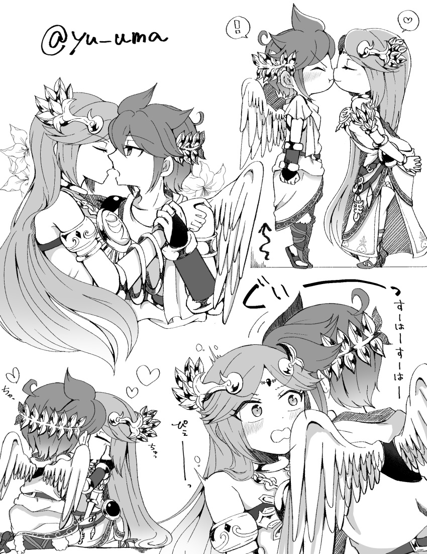 ! 1boy 1girl angel angel_wings armband armlet arms_behind_back bare_shoulders blush eyebrows_visible_through_hair face-to-face face_grab flower forehead_jewel hair_ornament hand_on_another's_cheek hand_on_another's_face heart highres imminent_kiss jewelry kid_icarus kid_icarus_uprising kiss laurel_crown long_hair multiple_views palutena pit_(kid_icarus) smile tiptoes wings yu_makoto_(yu_uma)