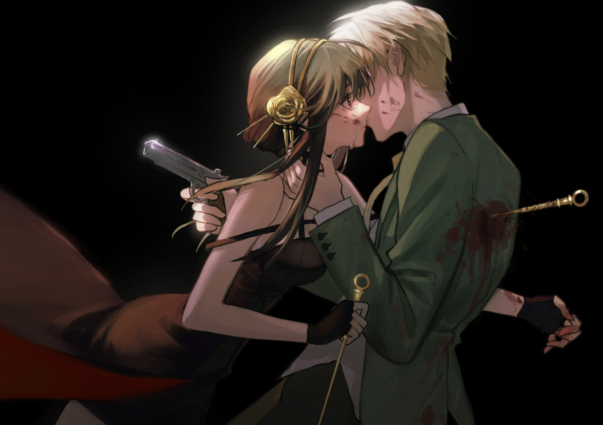 1boy 1girl bangs black_background black_dress black_gloves black_hair blonde_hair blood blood_on_clothes blood_on_face blood_on_hands coat commentary crying crying_with_eyes_open dagger dress fingerless_gloves gloves gold_hairband green_coat gun highres holding holding_gun holding_weapon husband_and_wife knife off-shoulder_dress off_shoulder red_eyes revolver sidelocks sleeveless sleeveless_dress spy_x_family stab stiletto_(weapon) tears twilight_(spy_x_family) two-sided_dress two-sided_fabric weapon yor_briar zehua0811