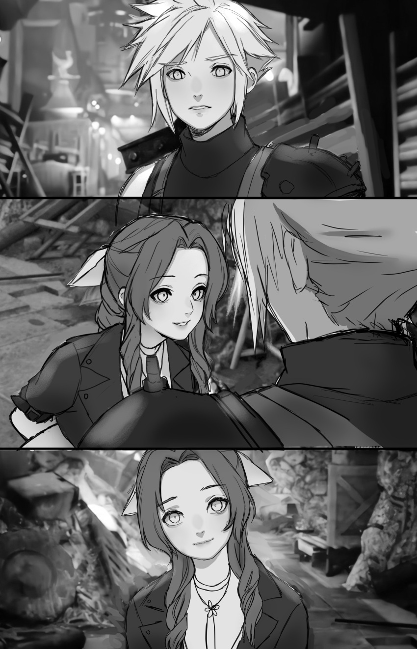 1boy 1girl absurdres aerith_gainsborough armor arms_behind_back asymmetrical_hair bangs braid braided_ponytail buster_sword choker cloud_strife cropped_jacket final_fantasy final_fantasy_vii final_fantasy_vii_remake flower_choker greyscale hair_ribbon highres leaning_forward looking_at_another looking_at_viewer mochee_bi monochrome multiple_views parted_bangs parted_lips ribbon short_sleeves shoulder_armor sidelocks sleeveless sleeveless_turtleneck smile spiky_hair suspenders turtleneck upper_body weapon weapon_on_back