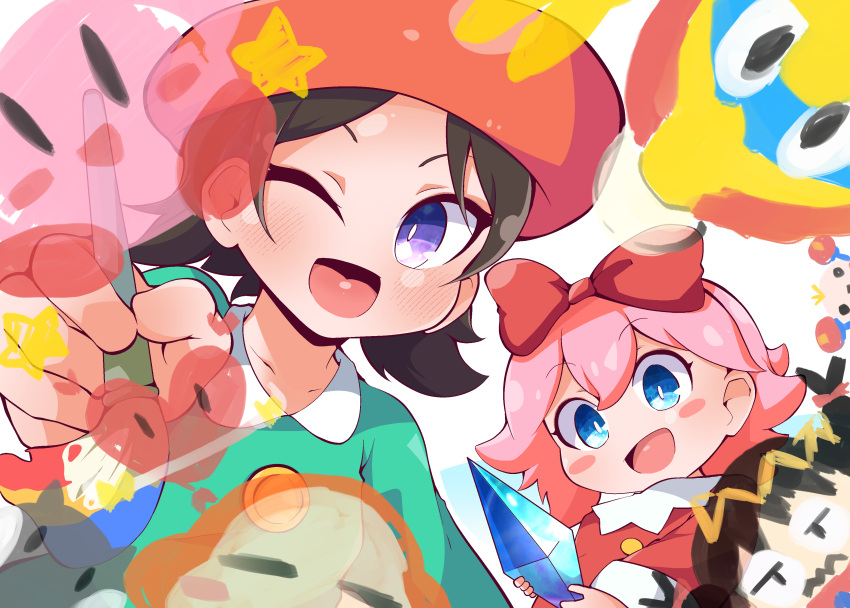 2girls :d ;d absurdres adeleine beret black_hair blue_eyes bow crystal hair_bow hat highres king_dedede kirby kirby_(series) kirby_64 looking_at_viewer multiple_girls one_eye_closed open_mouth paintbrush painting_(action) pink_hair red_bow red_headwear ribbon ribbon_(kirby) ripple_star_queen shinsou_komachi short_hair smile violet_eyes waddle_dee white_background