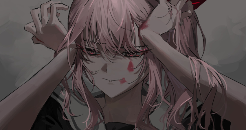 1other akiyama_mizuki arms_up bangs black_shirt bow commentary empty_eyes hair_bow long_hair looking_to_the_side muted_color paint_splatter paint_splatter_on_face pink_eyes pink_hair project_sekai red_bow sailor_collar shirt short_sleeves side_ponytail sidelocks solo upper_body villain_(vocaloid) white_sailor_collar yrdd
