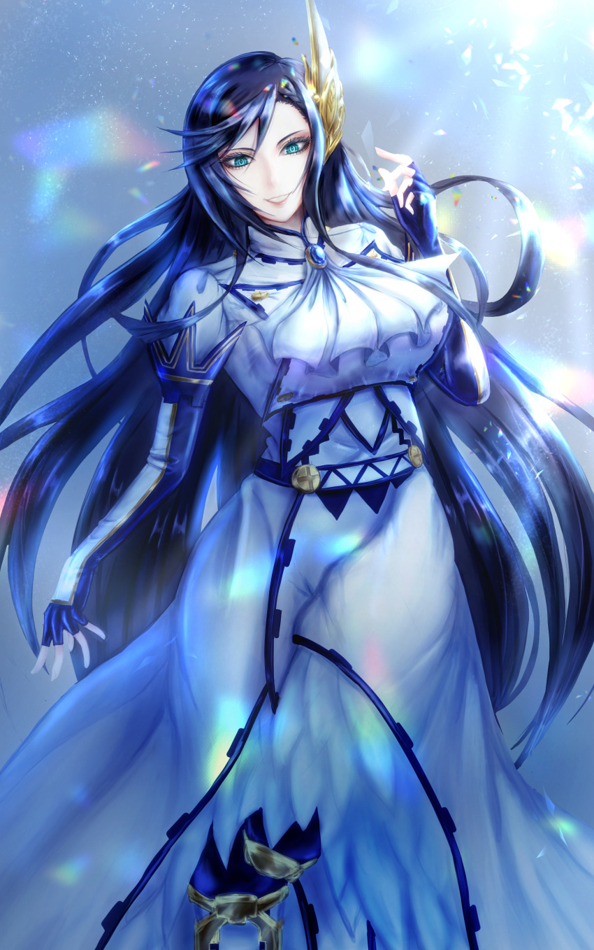 1girl absurdres black_hair brunhilde_(shuumatsu) dress elbow_gloves fingerless_gloves gloves highres lens_flare long_hair looking_at_viewer shiny shiny_hair shuumatsu_no_valkyrie simple_background smile solo sunlight valkyrie very_long_hair white_dress wing_hair_ornament yuuma_(yu_ma41)