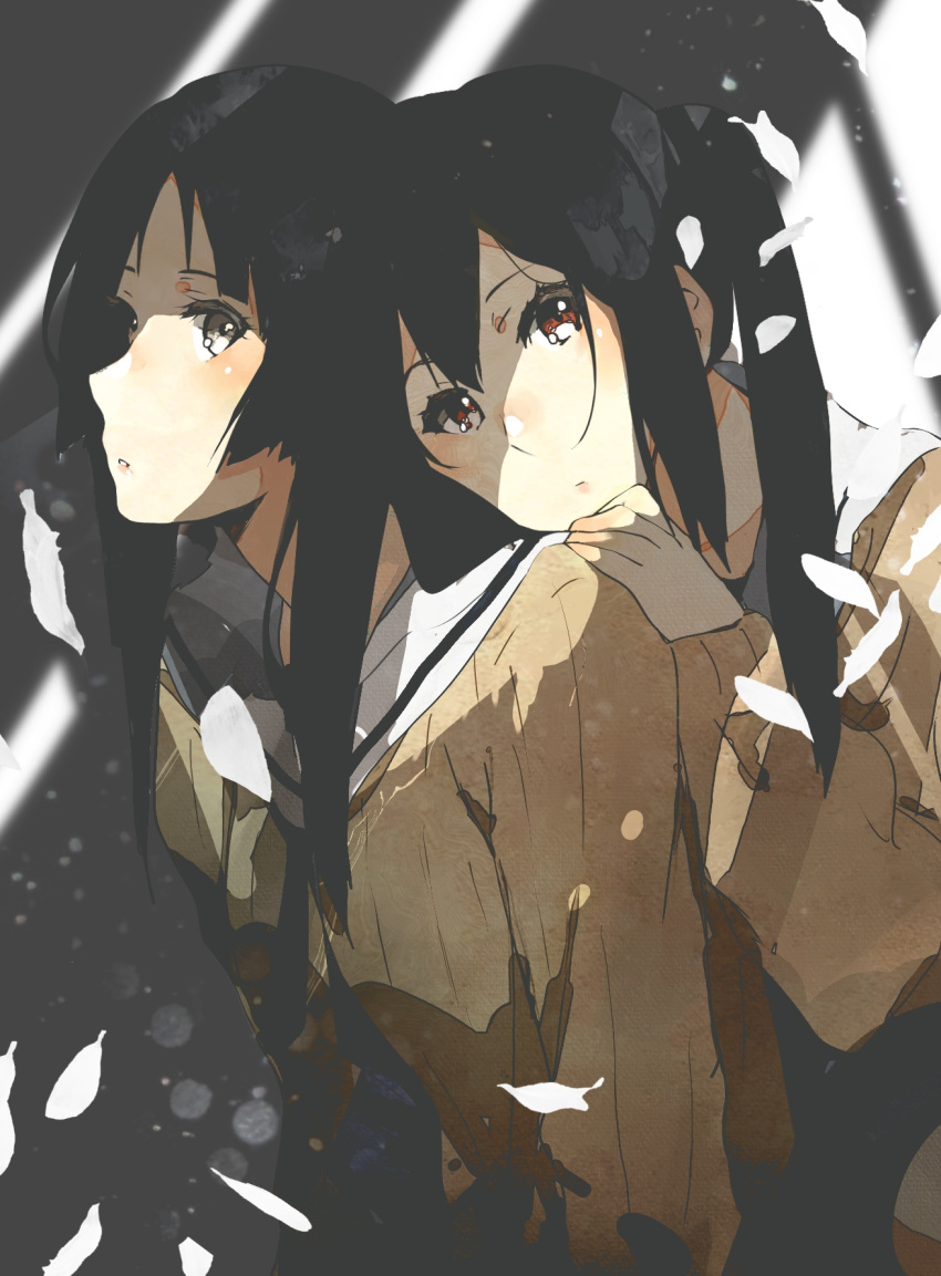 2girls akiyama_mio black_hair blush brown_eyes closed_mouth grey_eyes hand_on_another's_shoulder head_on_another's_shoulder head_rest highres k-on! kataru_(ubw-emiya) leaf light light_rays long_hair looking_at_viewer looking_to_the_side multiple_girls nakano_azusa open_mouth school_uniform twintails