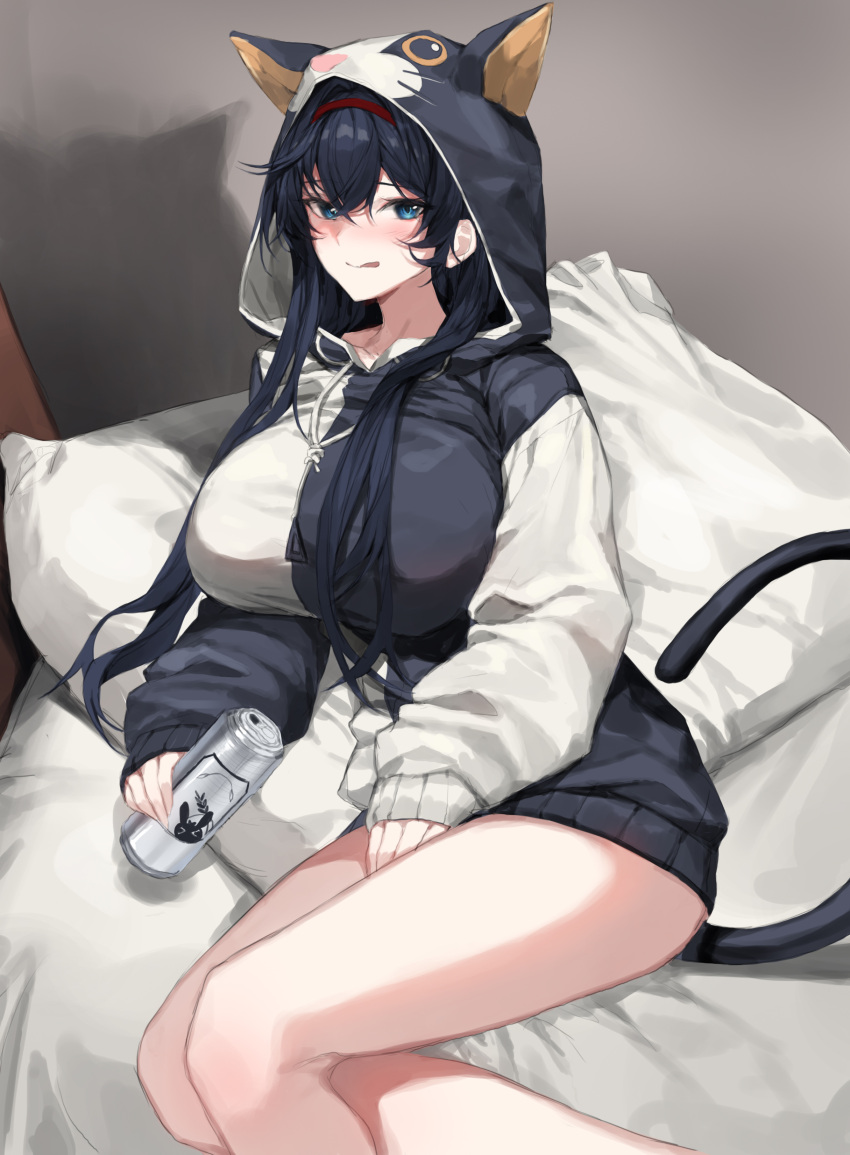 1girl absurdres animal_ears arknights bed beer_can black_hair blaze_(arknights) breasts can cat_ears cat_girl cat_tail hairband highres holding holding_can hood hood_up large_breasts molyb pajamas pillow red_hairband shadow sitting tail tongue tongue_out