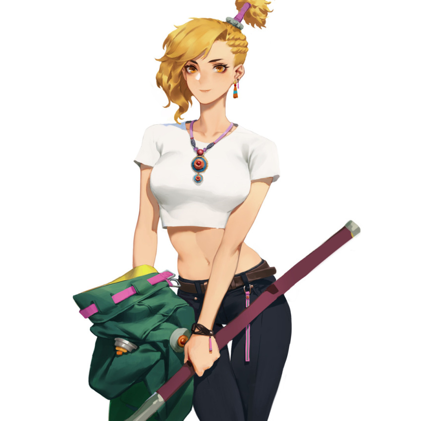 1girl belt blonde_hair braid cowboy_shot crop_top crop_top_overhang earrings holding holding_clothes holding_weapon jewelry looking_at_viewer medium_hair mu_si_(africas) navel necklace original pants short_sleeves side_braid smile weapon white_background yellow_eyes