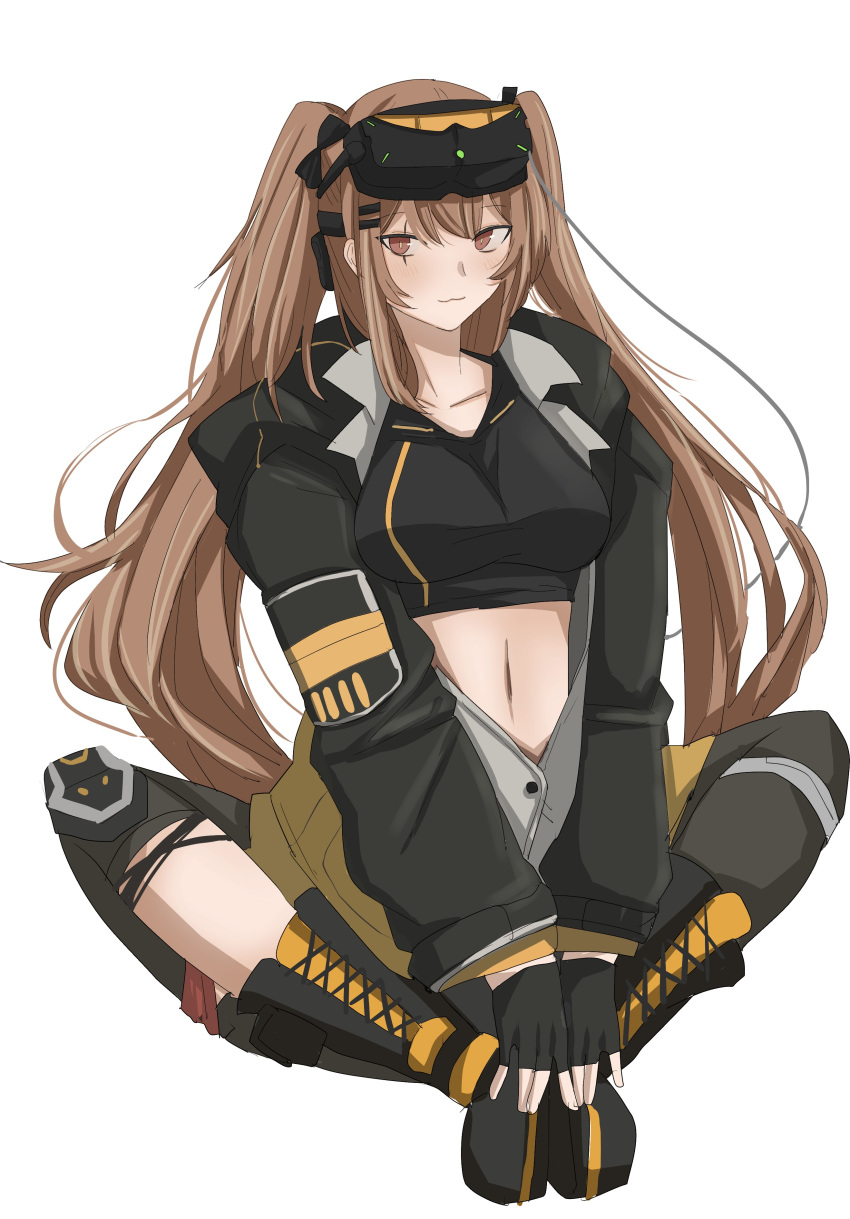 1girl :3 absurdres black_bow black_bra black_gloves black_jacket black_legwear boots bow bra breasts brown_eyes brown_hair collared_shirt cross-laced_footwear eyebrows_visible_through_hair fingerless_gloves girls_frontline gloves hair_bow hair_ornament hairclip highres jacket knee_pads large_breasts long_hair mesuosushi_psd mod3_(girls'_frontline) navel night_vision_device open_clothes open_shirt pantyhose scar scar_across_eye shirt simple_background single_knee_pad single_leg_pantyhose solo sports_bra twintails ump9_(girls'_frontline) underwear white_shirt