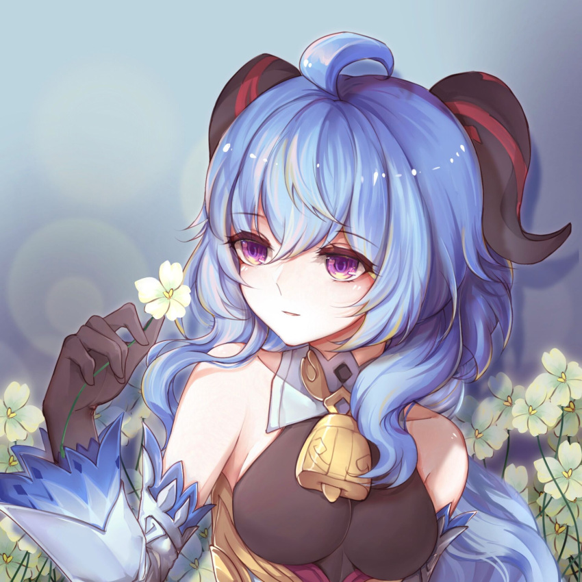 1girl ahoge bangs bare_shoulders bell black_gloves blue_hair breasts detached_sleeves eyebrows_visible_through_hair flower ganyu_(genshin_impact) genshin_impact gloves highres holding holding_flower horns light_smile long_hair looking_at_another looking_to_the_side medium_breasts neck_bell parted_lips qingxin_flower shuiyinzijun sidelocks solo upper_body violet_eyes white_flower white_sleeves