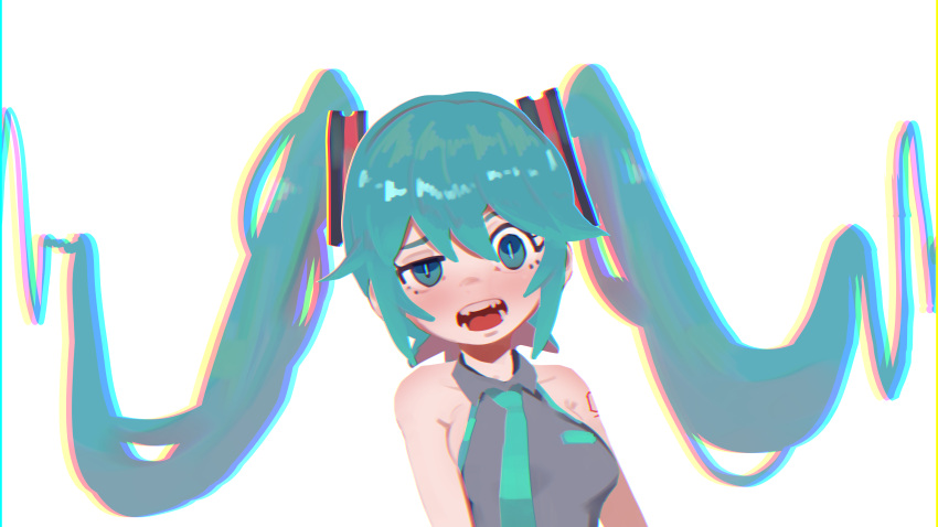 1girl absurdres aqua_hair aqua_necktie aqua_pupils armpit_crease bare_shoulders blue_eyes blush chromatic_aberration collarbone commentary grey_background hair_between_eyes hatsune_miku highres long_hair looking_at_viewer lulubelleiii necktie open_mouth simple_background solo teeth tongue twintails upper_body vocaloid