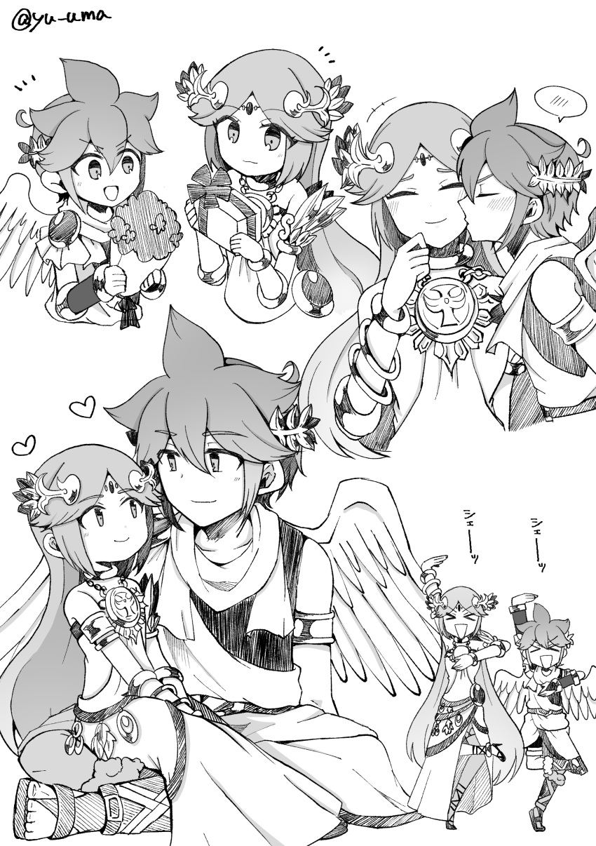 &gt;_&lt; 1boy 1girl absurdres angel angel_wings arm_up armband armlet bare_shoulders blush box eyebrows_visible_through_hair flower forehead_jewel gift gift_box greyscale hair_ornament heart highres kid_icarus kid_icarus_uprising kiss kissing_cheek laurel_crown leg_up monochrome multiple_views palutena pit_(kid_icarus) sitting smile spoken_blush standing standing_on_one_leg v-shaped_eyebrows wings yu_makoto_(yu_uma)