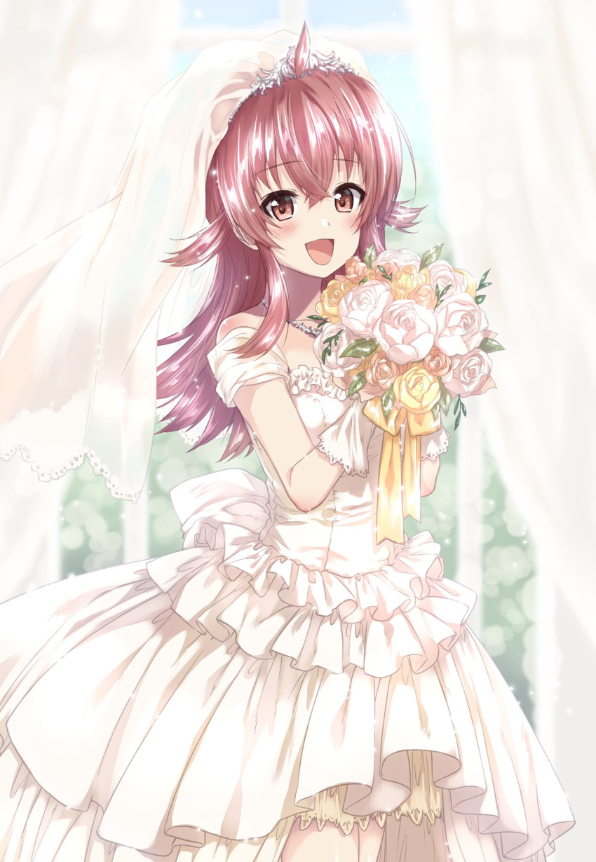 1girl ahoge back_bow bangs blurry blurry_background blush bouquet bow commentary_request curtains day dress eyebrows_visible_through_hair flower frilled_dress frills gloves hair_between_eyes highres holding holding_bouquet idolmaster idolmaster_shiny_colors indoors jewelry komiya_kaho kuroi_mimei long_hair looking_at_viewer necklace open_mouth red_eyes rose smile solo tiara veil wedding_dress white_dress white_gloves window