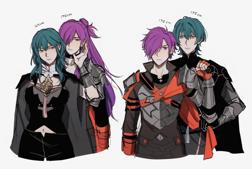 2boys 2girls arm_guards armor byleth_(fire_emblem) byleth_eisner_(female) byleth_eisner_(male) cape_grab capelet dual_persona fire_emblem fire_emblem:_three_houses fire_emblem_warriors:_three_hopes green_hair hair_bun hair_over_one_eye hand_on_another's_face hand_on_another's_neck highres long_hair midriff multiple_boys multiple_girls navel oratoza purple_hair shez_(fire_emblem) shez_(fire_emblem)_(female) shez_(fire_emblem)_(male) short_hair shoulder_armor simple_background size_comparison