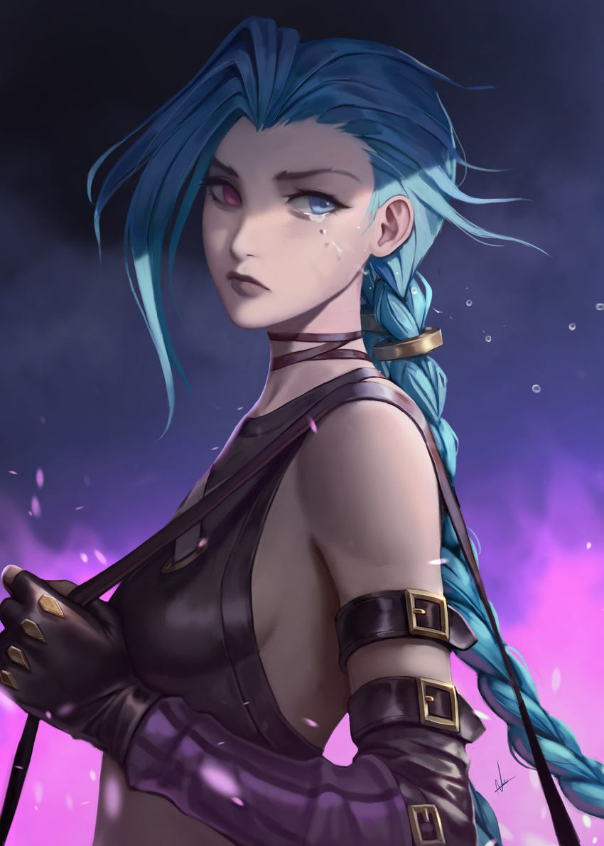 1girl arcane:_league_of_legends arcane_jinx bare_shoulders blue_background blue_eyes blue_hair braid breasts closed_mouth crop_top english_commentary fingerless_gloves from_side gloves heterochromia highres jinx_(league_of_legends) league_of_legends long_hair looking_away nibelart pink_eyes purple_background sad small_breasts solo tears two-tone_background upper_body