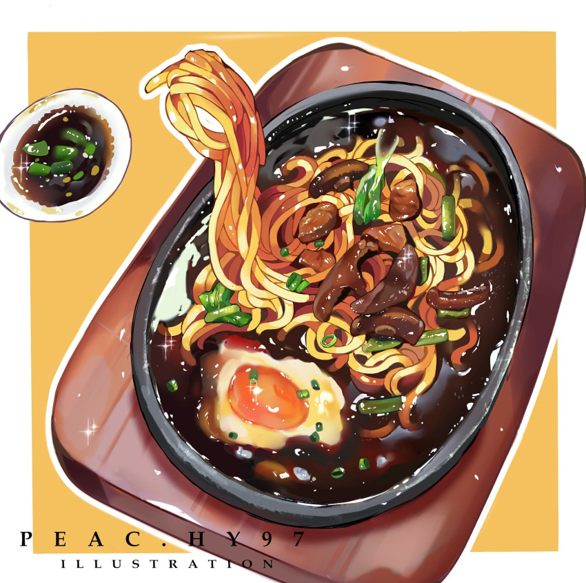 ain_(peac_hy97) commentary egg food food_focus highres mushroom no_humans noodles original plate ramen sauce saucer simple_background tray