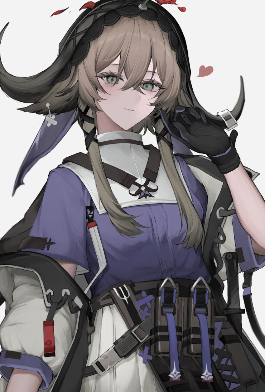 1girl absurdres animal_ears arknights belt belt_pouch black_gloves brown_hair closed_mouth coat cow_ears cow_horns cowboy_shot flower gloves green_eyes grey_coat hand_up heart highres horns hyakutarou_(momotar0_4) long_sleeves looking_at_viewer open_clothes open_coat pallas_(arknights) petals pleated_skirt pouch purple_shirt red_flower shirt short_hair_with_long_locks sidelocks simple_background skirt smile solo veil white_background white_skirt