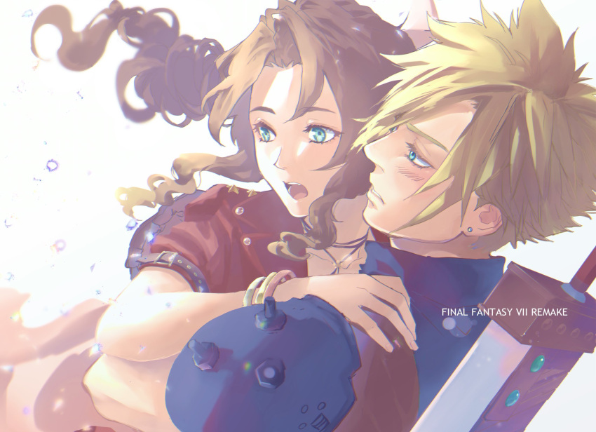 1boy 1girl aerith_gainsborough arms_around_back bangs blonde_hair blue_eyes blue_skirt blush bracelet braid braided_ponytail brown_hair bubble buster_sword cloud_strife couple demi_co dress earrings final_fantasy final_fantasy_vii final_fantasy_vii_remake green_eyes hair_ribbon hand_on_another's_shoulder highres jacket jewelry lower_teeth materia open_mouth parted_bangs parted_lips pink_dress red_jacket ribbon short_sleeves sidelocks single_earring skirt spiky_hair teeth turtleneck upper_body upper_teeth wavy_hair weapon weapon_on_back white_background