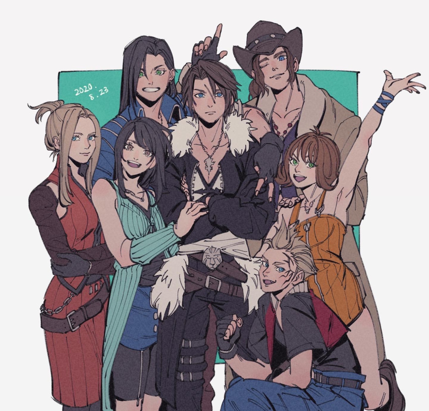 3girls 4boys arm_up arm_warmers bangs belt black_jacket black_pants black_shorts blonde_hair blue_dress blue_eyes blue_jacket blue_pants boots bracelet breasts brown_dress brown_eyes brown_pants cowboy_hat cropped_jacket crossed_arms detached_sleeves dress earrings facial_tattoo fang father_and_son final_fantasy final_fantasy_viii fingerless_gloves fur_collar fur_trim gloves green_background green_eyes grin hair_between_eyes hair_up hat highres holding_another's_arm irvine_kinneas jacket jewelry laguna_loire leather leather_jacket long_coat long_sleeves medium_breasts medium_hair mohawk multiple_belts multiple_boys multiple_girls necklace oimo_(oimkimn) one_eye_closed open_mouth pants parted_bangs parted_lips pointing pointing_up quistis_trepe rinoa_heartilly scar scar_on_face selphie_tilmitt shirt short_hair short_sleeves shorts single_earring sleeveless sleeveless_dress smile squall_leonhart straight_hair tattoo teeth thigh_strap upper_body upper_teeth wavy_hair white_shirt zell_dincht