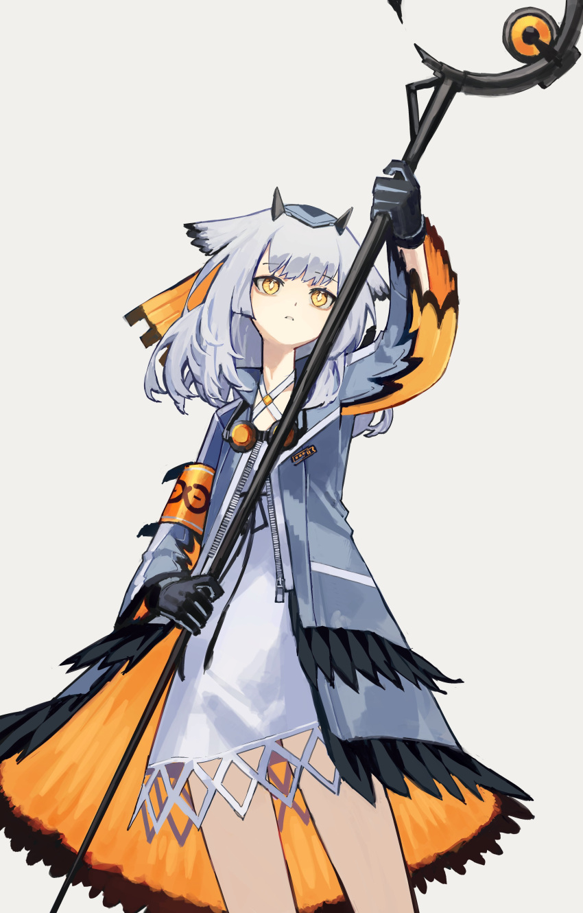 1girl absurdres arknights arm_up armband bangs black_gloves coat cowboy_shot dress eyebrows_visible_through_hair feather_trim gloves goggles goggles_around_neck grey_coat highres holding holding_staff long_hair long_sleeves looking_at_viewer open_clothes open_coat owl_ears parted_lips ptilopsis_(arknights) simple_background solo staff white_background white_dress white_hair yellow_eyes yoon_cook