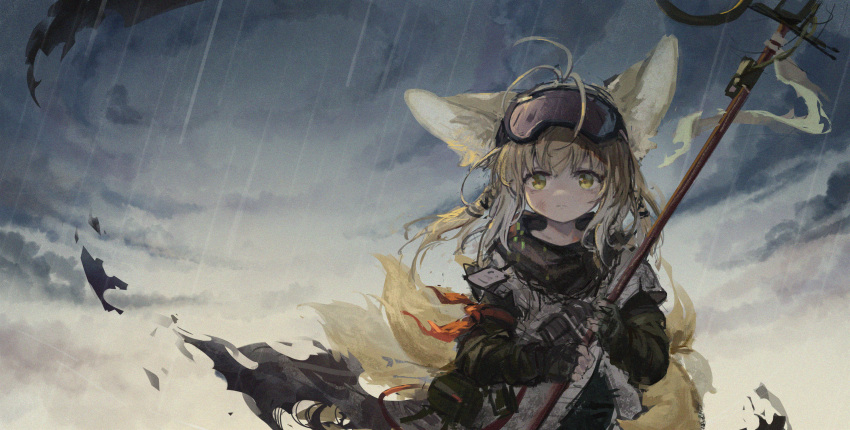 1girl animal_ears arknights bangs black_ribbon black_scarf blonde_hair clouds cloudy_sky dirty dirty_face fox_ears fox_girl fox_tail goggles goggles_on_head gradient_hair hair_ribbon highres holding holding_staff long_sleeves looking_at_viewer multicolored_hair multiple_tails outdoors rain ribbon scarf shio_(7203802) sky solo staff suzuran_(arknights) suzuran_(lostlands_flowering)_(arknights) tail torn_clothes white_hair yellow_eyes