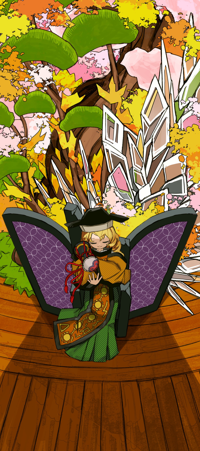 1girl absurdres autumn_leaves bangs black_headwear blonde_hair branch brown_headwear cape chair closed_eyes closed_mouth commission constellation constellation_print crystal detached_sleeves drum eyebrows_visible_through_hair floor green_skirt grey_shirt hands_up hat highres ice instrument light long_hair long_sleeves matara_okina neruzou orange_cape pink_background shadow shirt sitting skeb_commission skirt smile solo tabard touhou tree tsuzumi white_background wide_sleeves