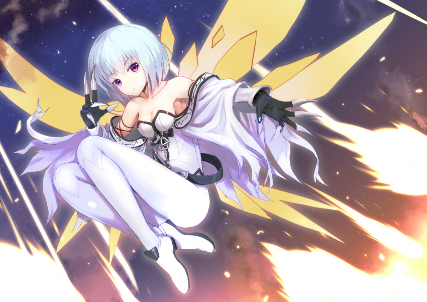 1girl astaroth_(paradise_lost) bare_shoulders claw_(weapon) collarbone expressionless eyebrows_visible_through_hair glowing glowing_wings highres looking_at_viewer okina_(805197) paradise_lost shinza_bansho_series short_hair solo violet_eyes weapon white_hair wings