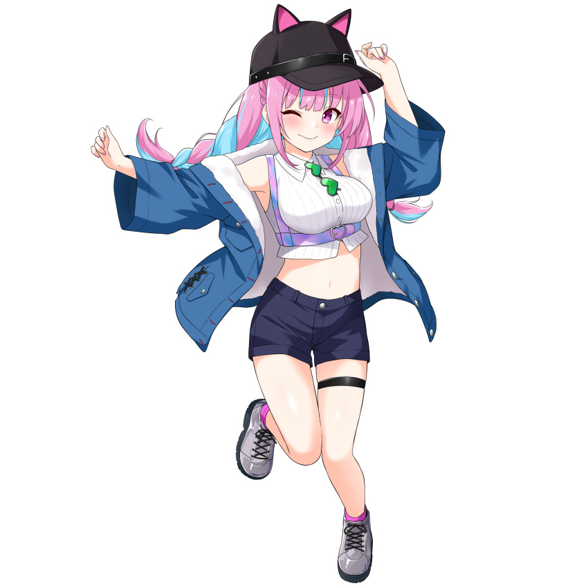 1girl absurdres arm_up bangs black_shorts blue_hair blue_jacket braid breasts commentary_request crop_top eyebrows_visible_through_hair eyewear_hang eyewear_removed felutiahime hat highres hololive jacket leg_up long_hair looking_at_viewer medium_breasts midriff minato_aqua multicolored_hair navel open_clothes open_jacket outstretched_arm peaked_cap pink_eyes pink_hair shirt short_shorts shorts sidelocks simple_background solo sunglasses thigh_strap twin_braids two-tone_hair virtual_youtuber white_background white_shirt