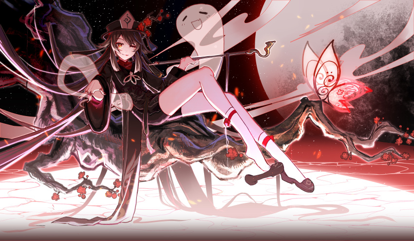 1girl absurdres avatra black_nails brown_hair chinese_clothes coat flower genshin_impact ghost hat hat_flower highres hu_tao_(genshin_impact) jewelry legs long_hair looking_at_viewer moon one_eye_closed porkpie_hat red_eyes ring scenery socks star-shaped_pupils star_(symbol) symbol-shaped_pupils tassel tongue tongue_out twintails