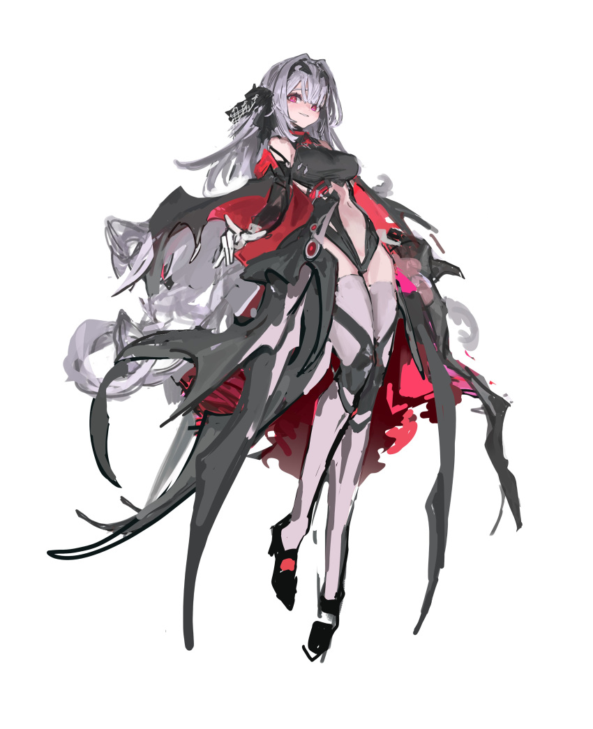 1girl absurdres black_cape black_footwear breasts cape cha_neung demon_girl elbow_gloves english_commentary full_body gloves grey_hair high_heels highres long_hair looking_at_viewer medium_breasts navel original red_eyes revealing_clothes simple_background smile thigh-highs thighs unfinished vampire vampire_costume white_background white_gloves