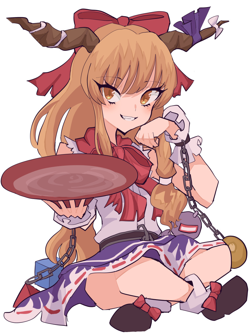 1girl absurdres bangs belt black_footwear blush bow chain cuffs cup eyebrows_visible_through_hair grin hair_bow highres holding holding_cup horn_ornament horns ibuki_suika long_hair looking_at_viewer mugi_(mugimugi_9kv) oni orange_hair red_bow ribbon sakazuki shackles shirt sitting skirt sleeveless sleeveless_shirt smile socks solo touhou white_shirt wrist_cuffs