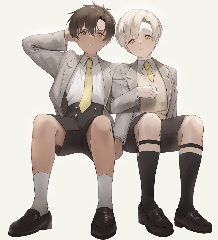 2boys ag_(ag_nkfg) asymmetrical_bangs bangs black_hair black_legwear black_shorts brown_footwear cardigan_vest closed_mouth collarbone commentary eyebrows_behind_hair grey_background grey_hair grey_jacket hand_on_own_head hand_up high-waist_shorts highres invisible_chair jacket kneehighs legwear_garter light_smile loafers looking_at_viewer male_child multiple_boys necktie open_clothes open_jacket original parted_bangs parted_lips shirt shirt_tucked_in shoes short_hair shorts simple_background sitting socks thick_eyebrows white_legwear white_shirt yellow_eyes yellow_necktie