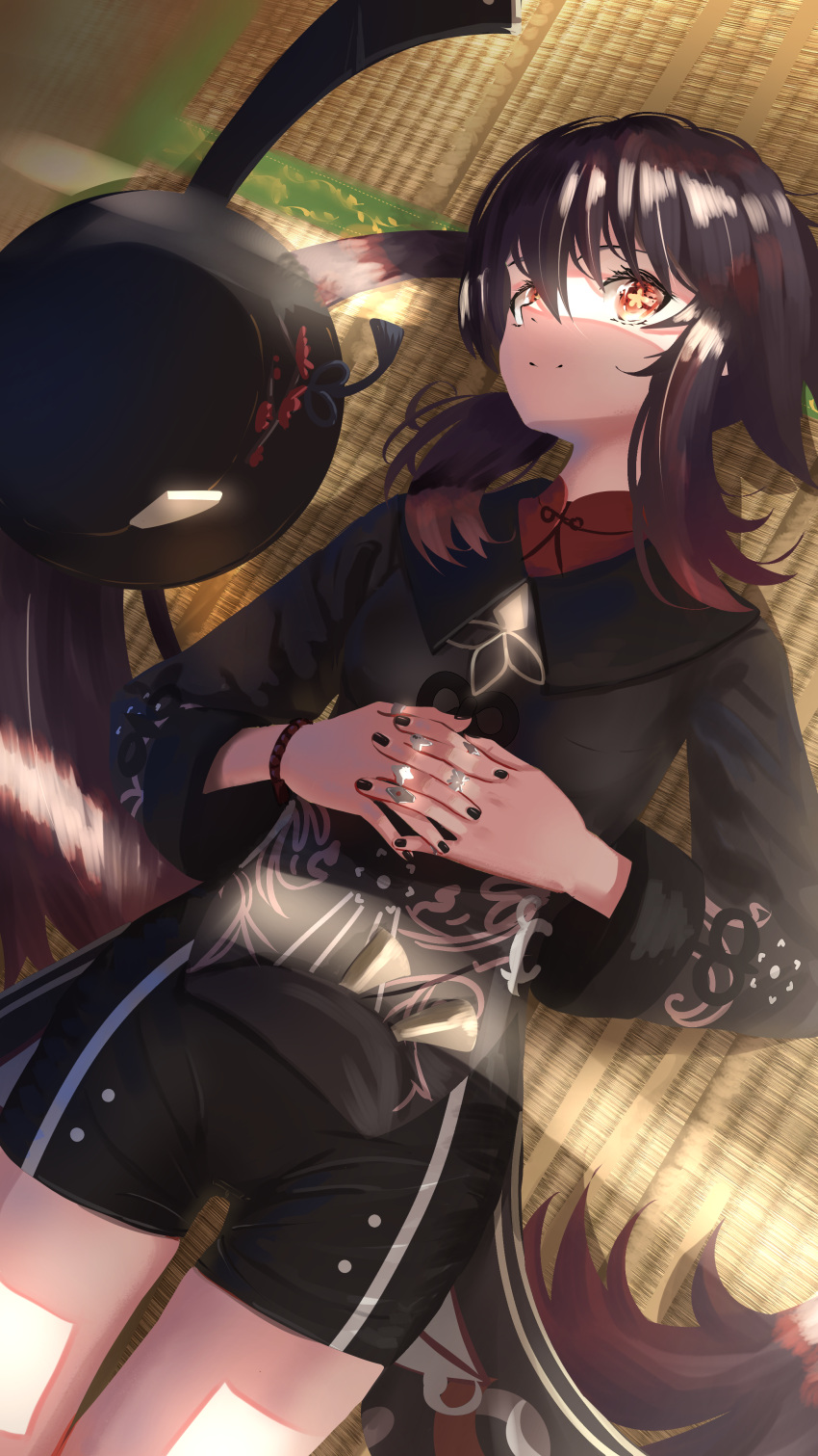1girl absurdres black_nails brown_hair coat flat_chest flower genshin_impact gradient_hair hat highres hu_tao_(genshin_impact) jewelry multicolored_hair own_hands_together ring solo star-shaped_pupils star_(symbol) symbol-shaped_pupils yamaharu_(xxzf7284)