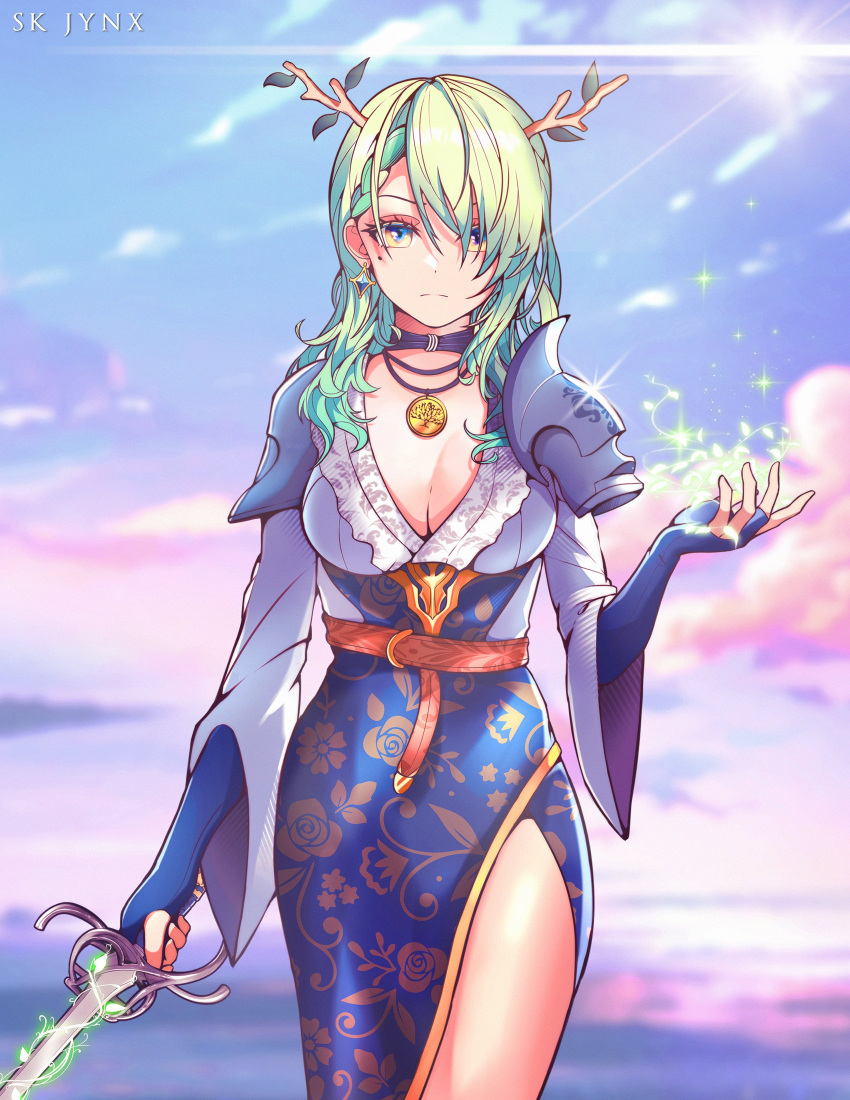 1girl absurdres antlers armor belt braid ceres_fauna clouds flower green_hair hair_flower hair_ornament highres hololive hololive_english long_hair magic pendant_choker shoulder_armor side_slit sk_jynx sky solo sword virtual_youtuber weapon yellow_eyes