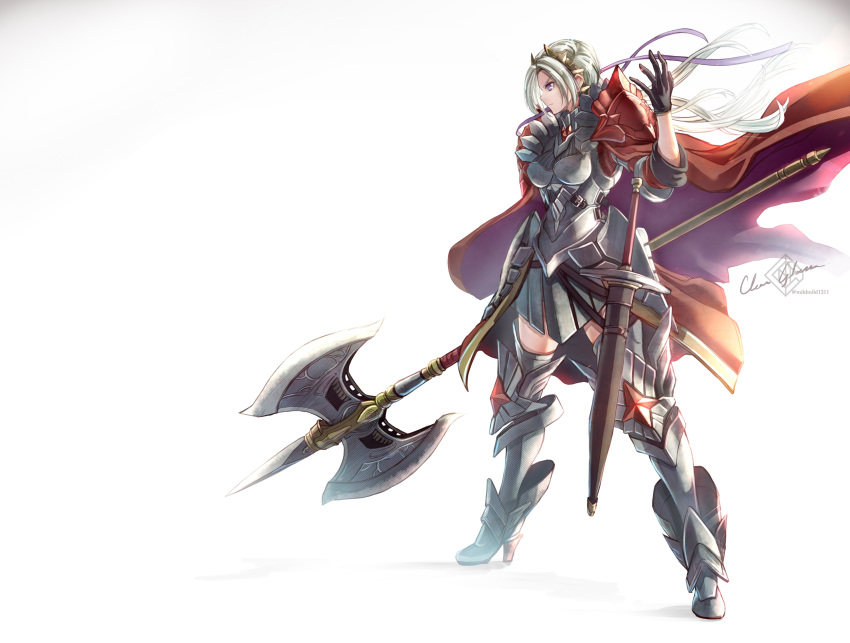 1girl absurdres armor armored_boots armored_dress axe black_gloves boots cape clear_glass_(mildmild1311) edelgard_von_hresvelg fire_emblem fire_emblem:_three_houses fire_emblem_warriors:_three_hopes gauntlets gloves highres sheath single_gauntlet single_glove sword violet_eyes weapon white_hair