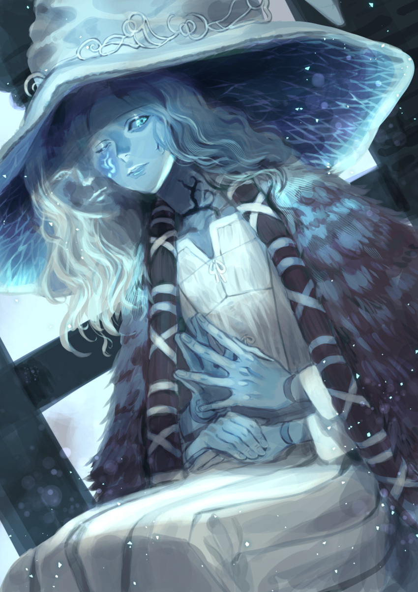 1girl blue_eyes blue_hair blue_skin cloak colored_skin cracked_skin dress elden_ring extra_arms extra_faces fur_cloak hat highres joints long_hair looking_at_viewer one_eye_closed ranni_the_witch solo udakyo white_dress white_headwear witch witch_hat