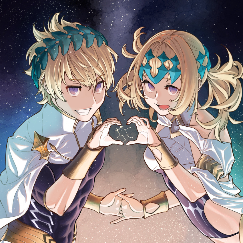 1boy 1girl armlet bangs bare_shoulders black_shirt blonde_hair blue_eyes blush bracer breasts brother_and_sister castor_(fate) closed_mouth collar constellation diadem fate/grand_order fate_(series) highres interlocked_fingers looking_at_viewer matsu_bokkuri medium_hair metal_collar open_mouth pollux_(fate) shirt short_hair siblings small_breasts smile thighs twins violet_eyes white_robe