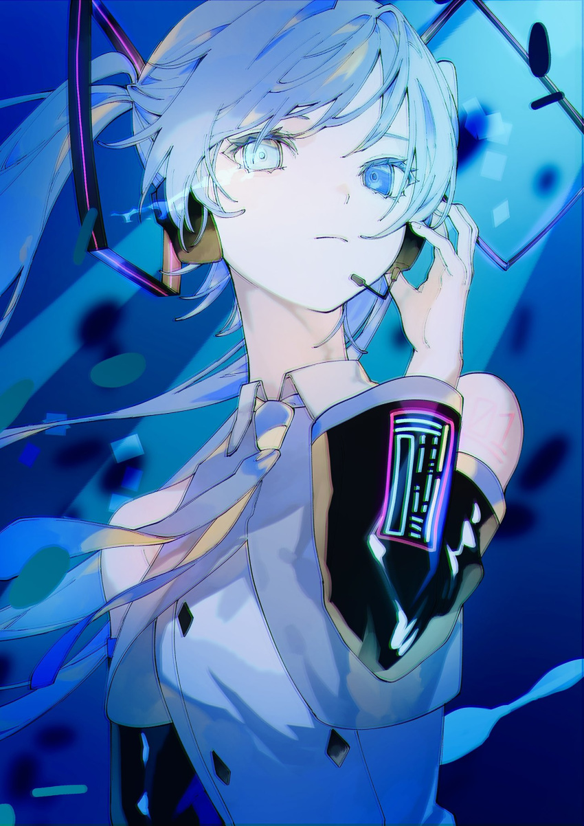1girl bangs bare_shoulders blue_background blue_eyes blue_hair closed_mouth collared_shirt detached_sleeves expressionless eye_trail flaming_eye glowing glowing_eye hatsune_miku headphones headset highres long_hair looking_at_viewer necktie nemuke2828 shirt sleeveless solo tattoo twintails upper_body vocaloid