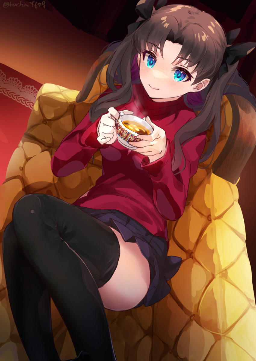 1girl bangs black_legwear black_skirt blue_eyes breasts brown_hair commentary_request couch cup eyebrows_visible_through_hair fate/stay_night fate_(series) hair_ribbon highres holding holding_cup indoors kachin legs legs_together long_hair long_sleeves looking_at_viewer pleated_skirt red_sweater ribbon sitting skirt smile solo sweater tea teacup thigh-highs tohsaka_rin twintails two_side_up