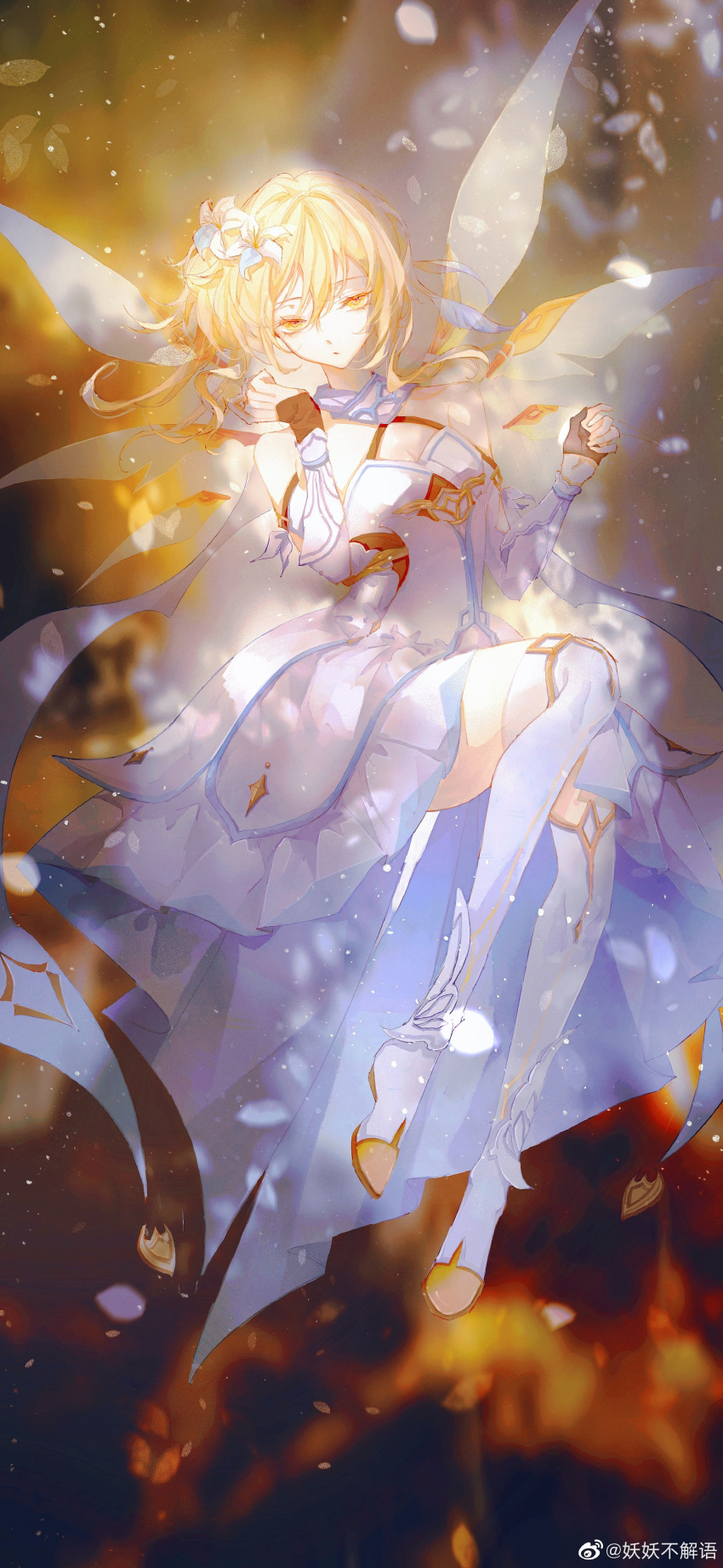 1girl absurdres blonde_hair chu_hui_jia_he_li dress expressionless falling_petals full_body genshin_impact highres light looking_at_viewer lumine_(genshin_impact) multicolored_background open_mouth petals short_hair solo white_dress white_footwear wings