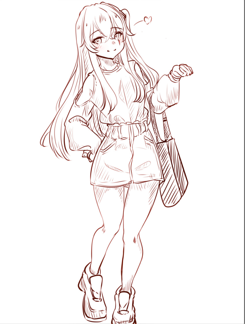 1girl absurdres bag casual clothing_cutout eyebrows_visible_through_hair full_body girls_frontline heart highres holding holding_bag long_hair long_sleeves monochrome one_side_up pencil_skirt peroronti scar scar_across_eye shirt shirt_tucked_in shoes shoulder_cutout simple_background skirt smile solo ump45_(girls'_frontline) white_background
