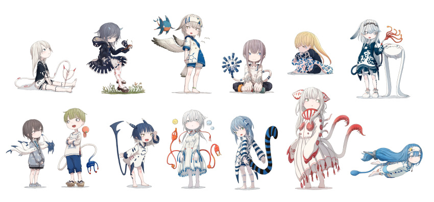 1boy 6+girls :d absurdres animal_ears anklet antennae bare_legs barefoot between_legs bird bird_tail black_capelet black_dress blonde_hair blue_dress blue_eyes blue_hair blue_nails blue_pants body_markings bracelet breasts brown_eyes brown_hair byakuen_rubia capelet cardigan chibi collared_shirt creature crossed_arms den-den_daiko dress facial_mark feathered_wings fins fish fringe_trim full_body geta green_eyes green_footwear green_hair grey_footwear grey_hair hair_tubes hand_between_legs hand_up hands_on_own_leg headband hidou_ten high_collar highres holding holding_toy hood hood_down hooded_dress horns invisible_chair jewelry kairogi_meura kaisei kazami_sikiso kokorozi_karo large_hands leaning_forward long_hair long_sleeves looking_at_another looking_away looking_back looking_down looking_up low-tied_long_hair multicolored_hair multiple_girls nail_polish octopus orb original outstretched_leg own_hands_together pants pants_rolled_up pantyhose petting plantar_flexion pointy_ears red_nails rokkaizan_meibi sad seagull shading_eyes shark_fin sharp_teeth shirt shoes short_hair short_hair_with_long_locks short_sleeves shorts sideways_glance simple_background sitting sleeves_past_fingers sleeves_past_wrists smile standing striped striped_tail swimming tail tassel teeth tentacle_hair tentacles toenail_polish toenails toy twintails two-tone_hair two-tone_shirt two-tone_shorts two-tone_wings v_arms very_long_hair watae_suien white_background white_dress white_hair white_shirt white_wings wide_sleeves wings yellow_eyes yohami_raiko yumi_kozui yushika