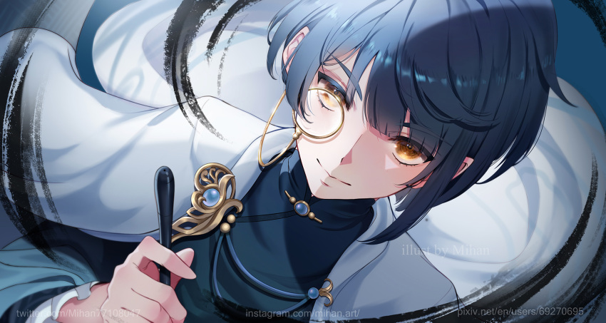 1boy alternate_costume asymmetrical_bangs bangs blush cape closed_mouth commentary dark_blue_hair eyelashes genshin_impact highres holding holding_brush instagram_username japanese_clothes light_blush looking_at_viewer male_focus mihan77108047 monocle pixiv_id smile solo twitter_username white_cape xingqiu_(genshin_impact) yellow_eyes