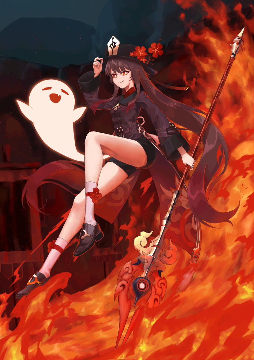 1girl absurdres black_nails brown_hair coat fire flat_chest flower genshin_impact ghost gradient_hair hat highres holding holding_clothes holding_hat holding_weapon hu_tao_(genshin_impact) jewelry legs multicolored_hair red_eyes ring solo staff_of_homa_(genshin_impact) symbol-shaped_pupils tongue tongue_out weapon white_legwear
