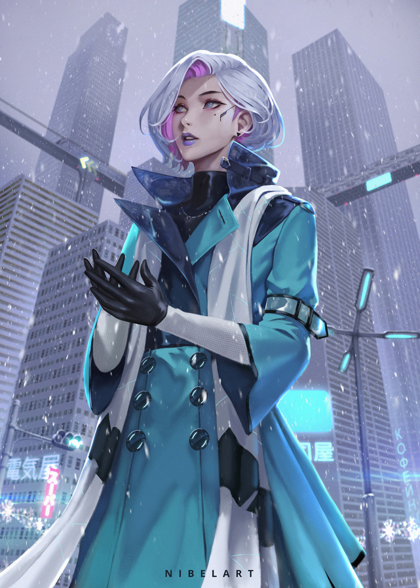 1girl arm_strap artist_name black_gloves blue_eyes city cityscape coat cowboy_shot cyberpunk from_below gloves grey_hair highres jewelry looking_away mole mole_under_eye multicolored_hair necklace nibelart original overcast pink_hair science_fiction snow solo turtleneck two-tone_hair winter