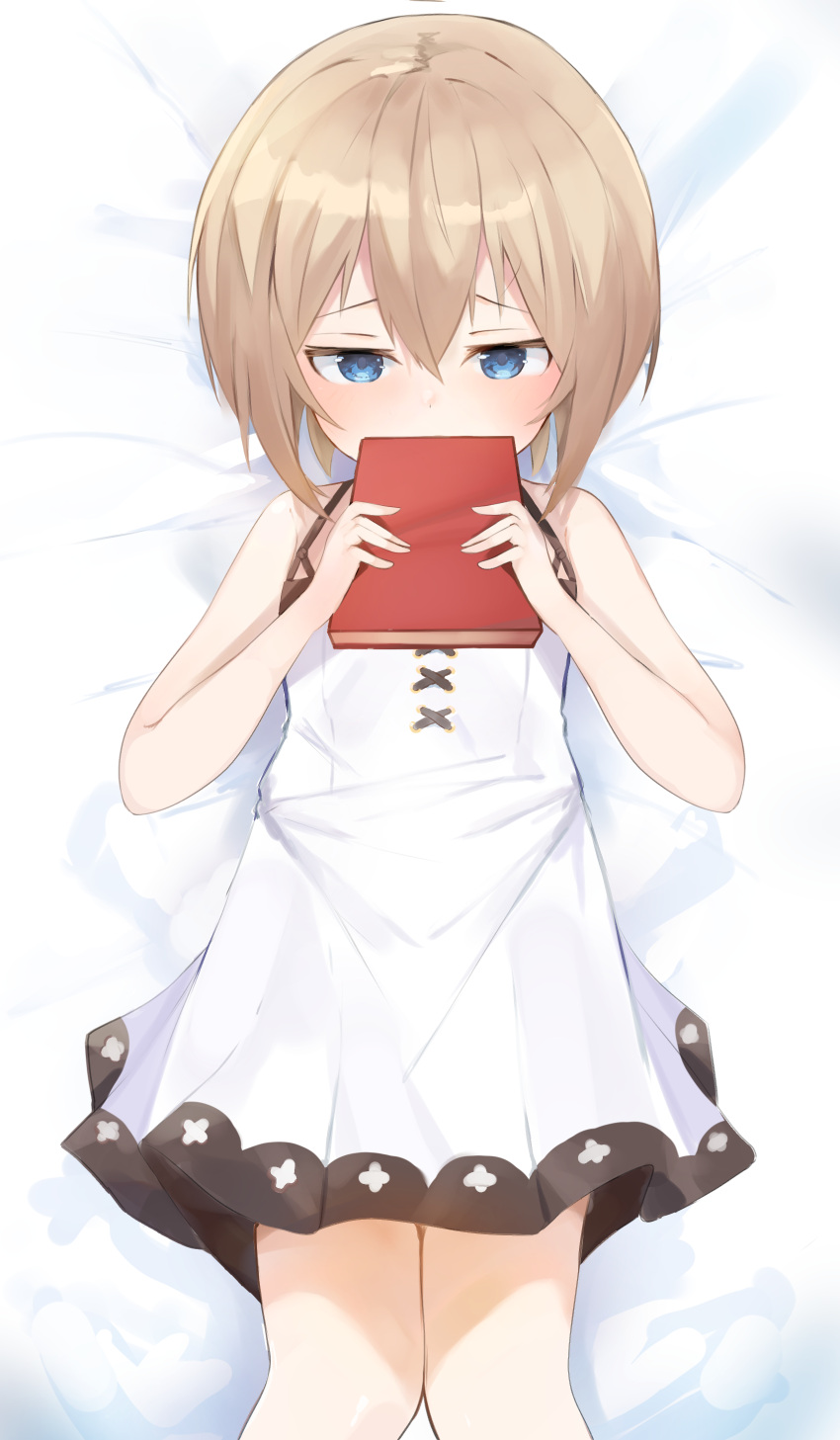1girl absurdres bare_shoulders bimmy blanc_(neptune_series) blue_eyes blush book breasts brown_hair dress embarrassed highres holding holding_book long_sleeves lying neptune_(series) on_back on_bed short_hair small_breasts solo white_dress